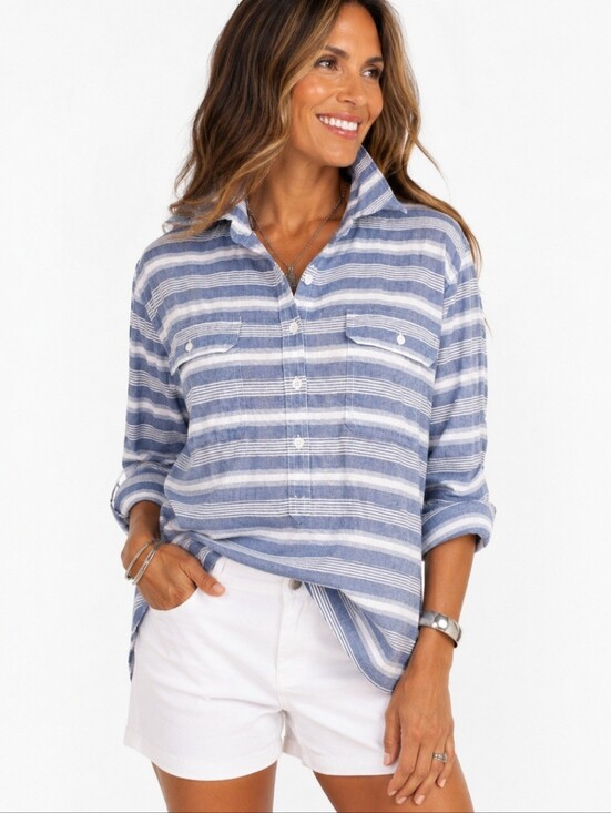 Chaps Tops - Chaps Chambray Tunic Shirt Womens Size Medium Striped 100% Cotton Button Top